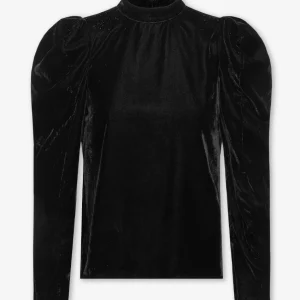 VELVET GLITTER PUFF SLEEVE TOP ZWART