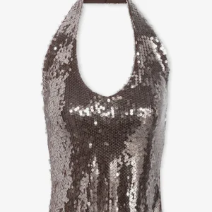 TRANSPARENT SEQUINS HALTER TOP BRUIN