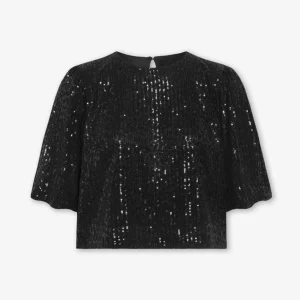 VELVET FLOCK SEQUINS PUFF SLEEVE TOP ZWART