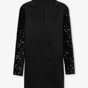 VELVET SEQUINS SLEEVE BLAZER DRESS ZWART