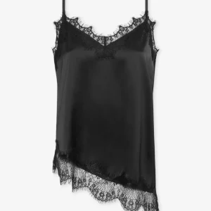 ASYMMETRIC SATIN LACE CAMI TOP ZWART