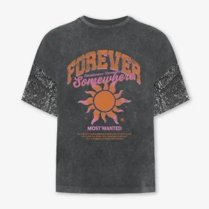SOMEWHERE SEQUIN SLEEVE TEE ACID GRIJS